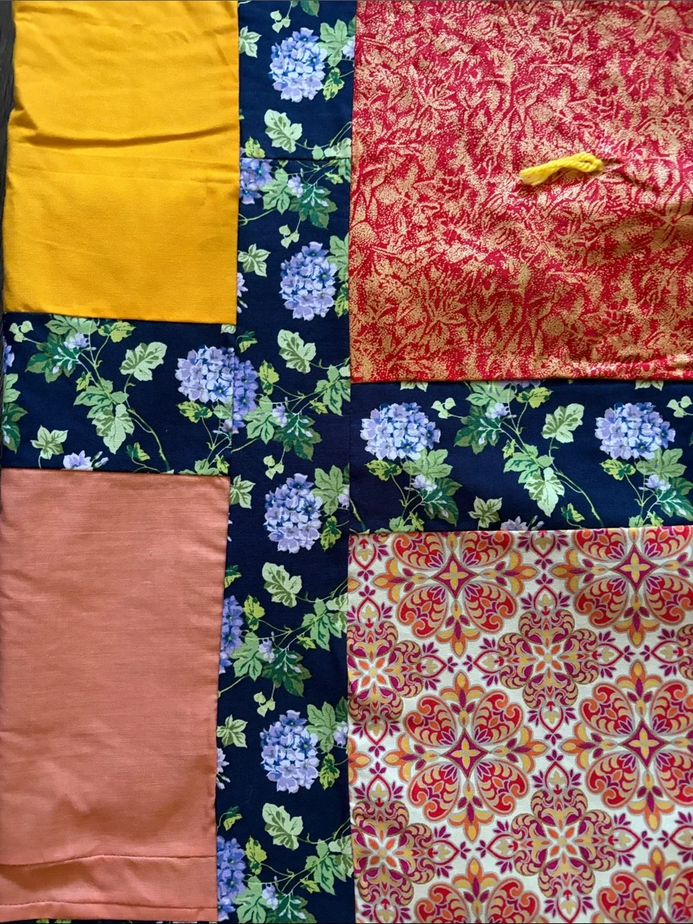 Handmade Multicolor Patchwork Quilt - Red, Yellow, Teal Accents